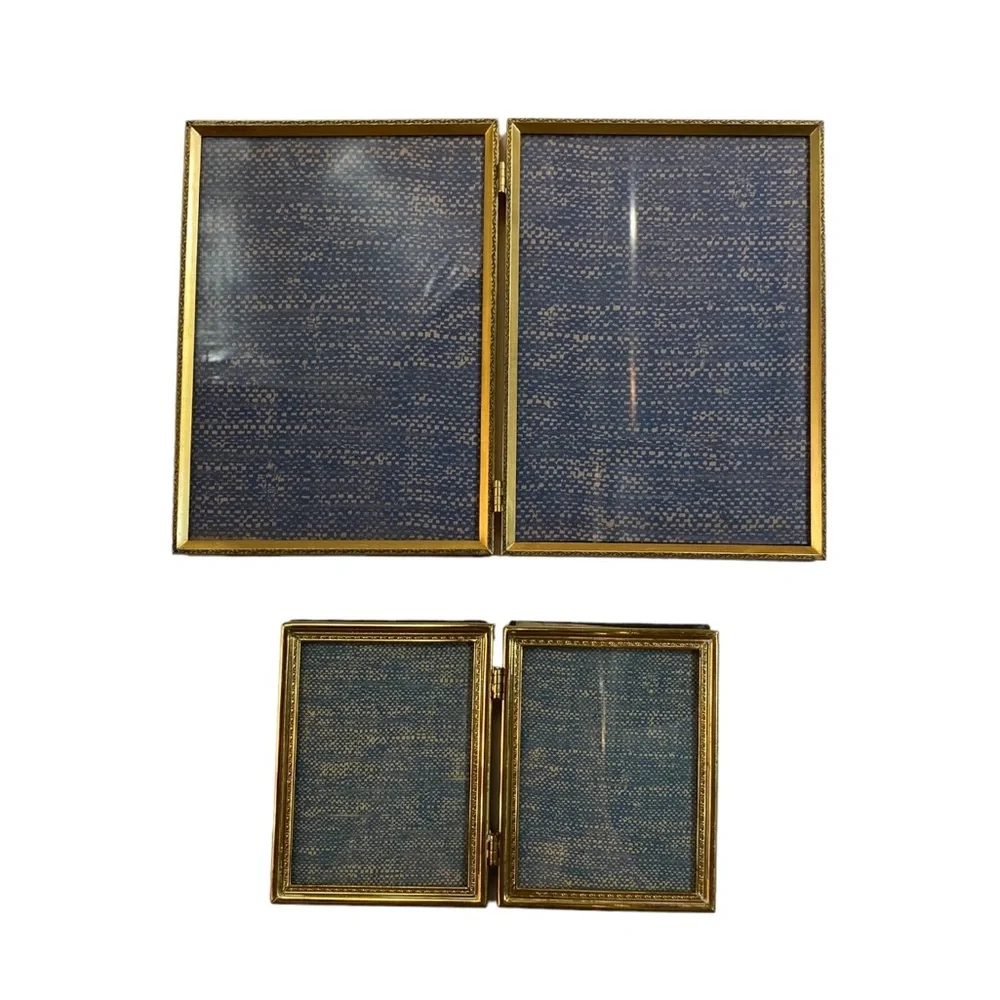 Lot (2) Vintage Photo Frame Bi-Fold Gold Brass 3x4 & 5x7 Hinged Cottagecore